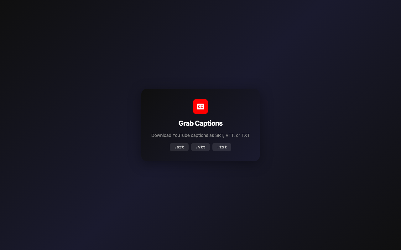 Grab Captions extension popup with download buttons